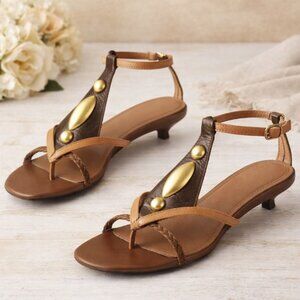 Johnny Montini Sandals Kitten Heel Brown Leather Strappy Italian Sz 36 US 6